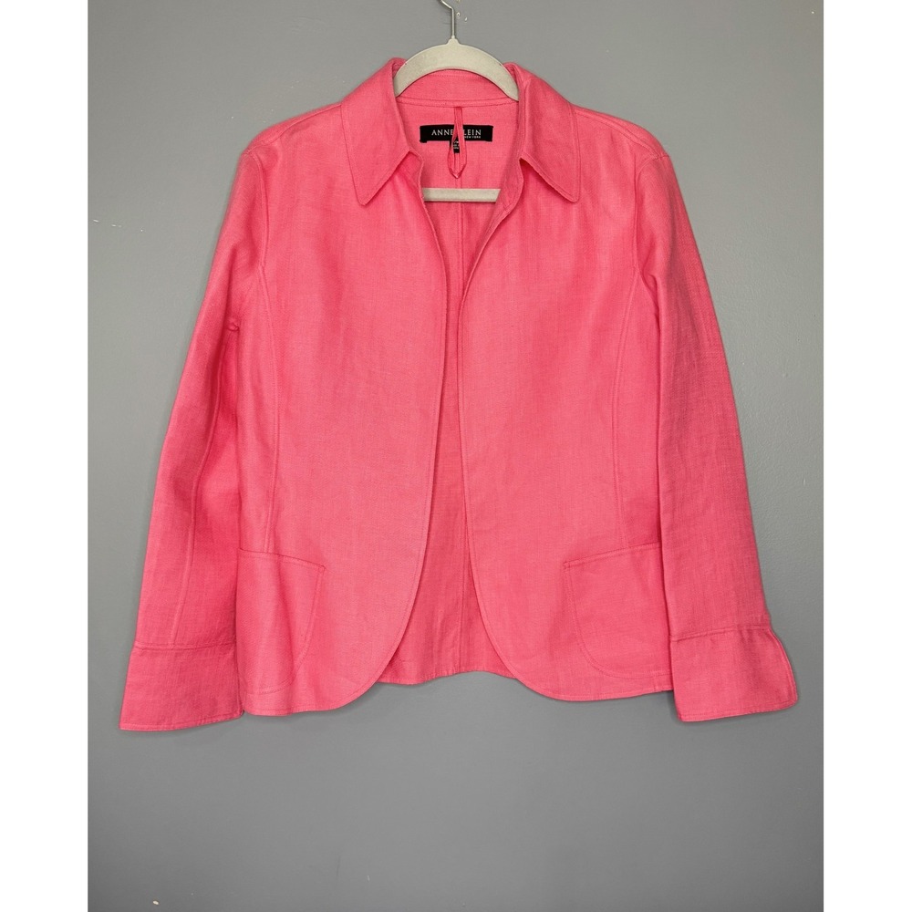 Anne Klein Blazer Jacket Womens Petite M Pink 100% Linen Open Front Collared MP